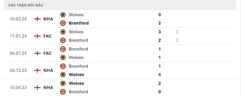 Thành tích đối đầu giữa Brentford vs Wolves trong quá khứ